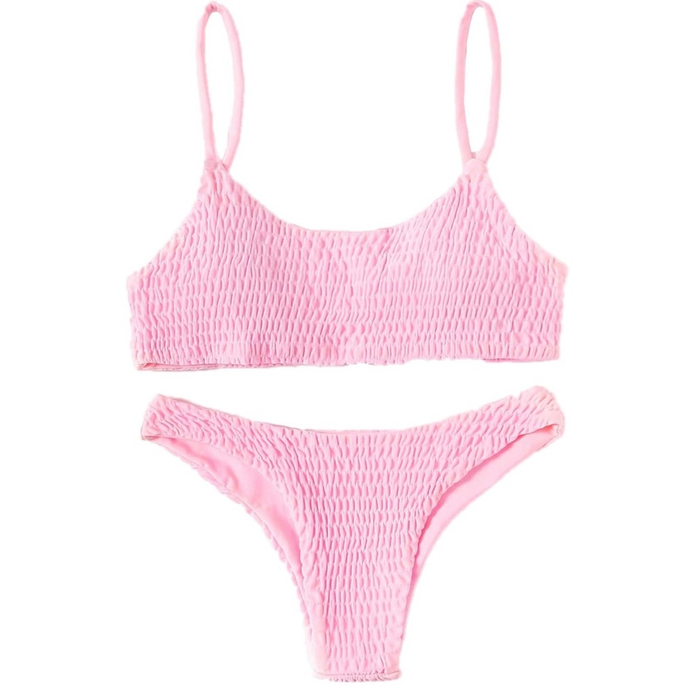 Verdusa Textured Bathing Suit Smocked Wireless Bikini Bandeau Top Thong Bottom